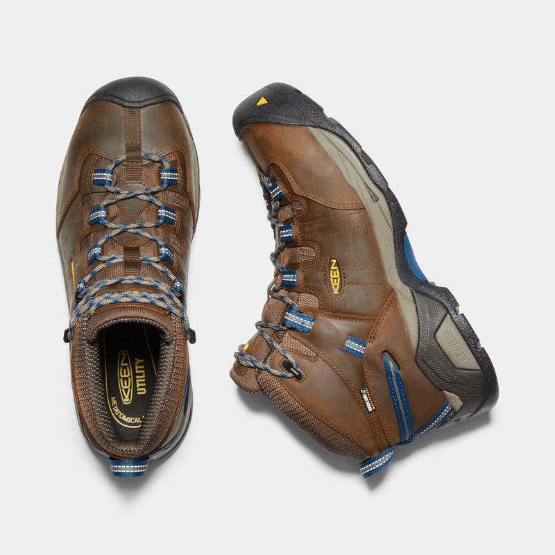 Discount Keen Detroit Xt Mid Waterproof Steel Toe Mens Work Boots Brown/Blue (4536-HWLAX)